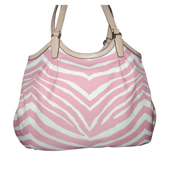 COACH Devin Tote & Peyton Long Wallet Tulle Zebra Stripe Print Cream & Pink - Picture 2 of 16
